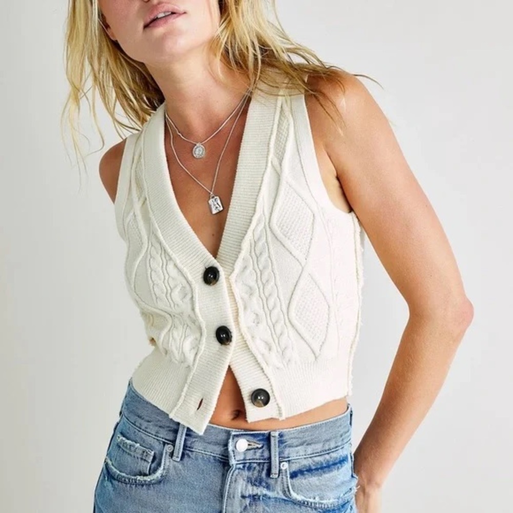 Free People Cream Cable Knit Button-Up Vest